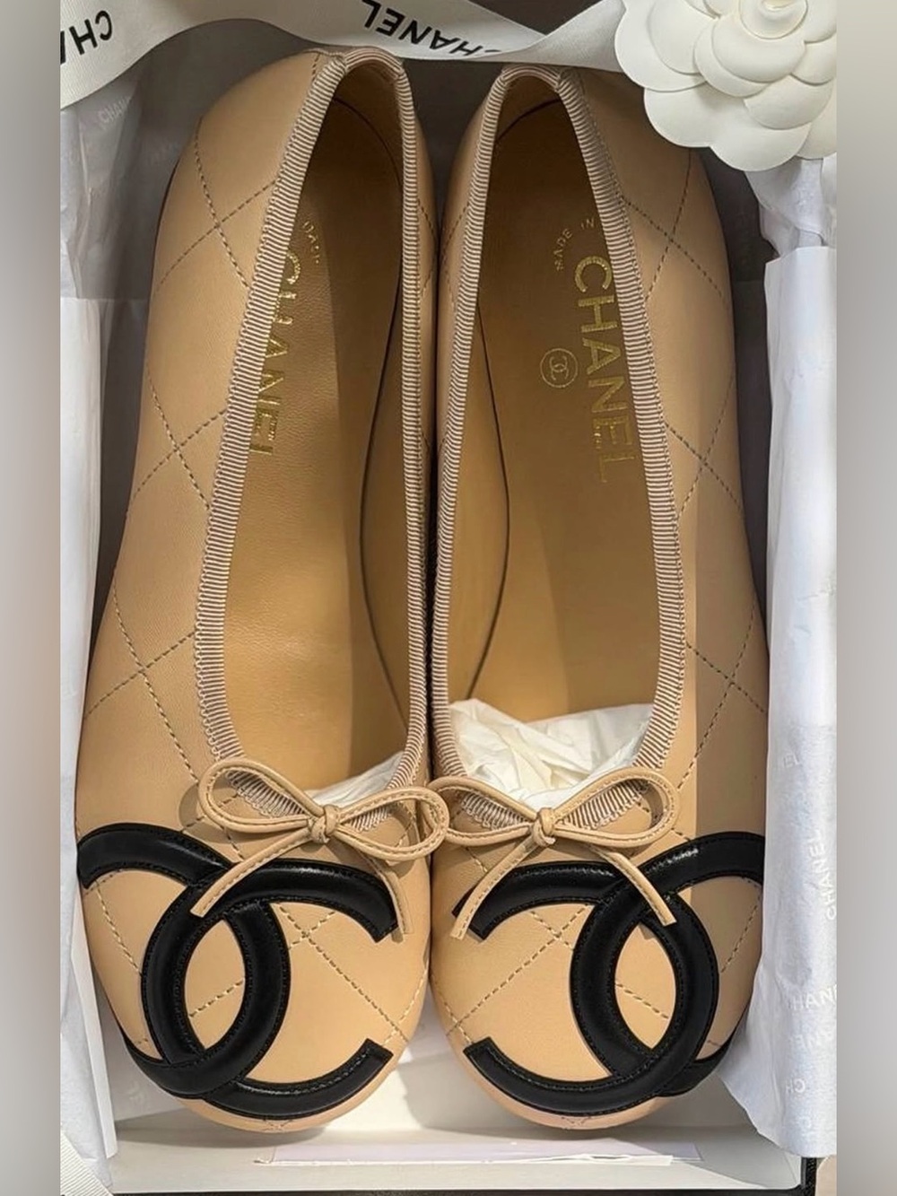 CHANEL CAMBON COCO BEACH 2026M BALLET BEIGE BLACK LEATHER LARGE BLACK CC LOGO 37
